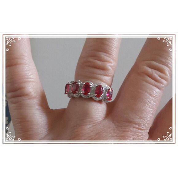 SALE~2.6 Carat Five Oval Ruby & White Sapphire Cocktail Ring Sz 8 - Picture 5 of 5
